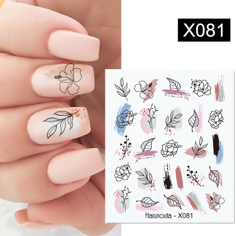 Harunouta Black Lines Flower Leaf Water Decals Stickers Spring Simple Green Theme Face Marble Pattern Slider For Nails Art Decor