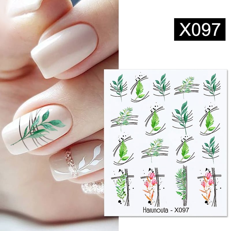 Harunouta Black Lines Flower Leaf Water Decals Stickers Spring Simple Green Theme Face Marble Pattern Slider For Nails Art Decor