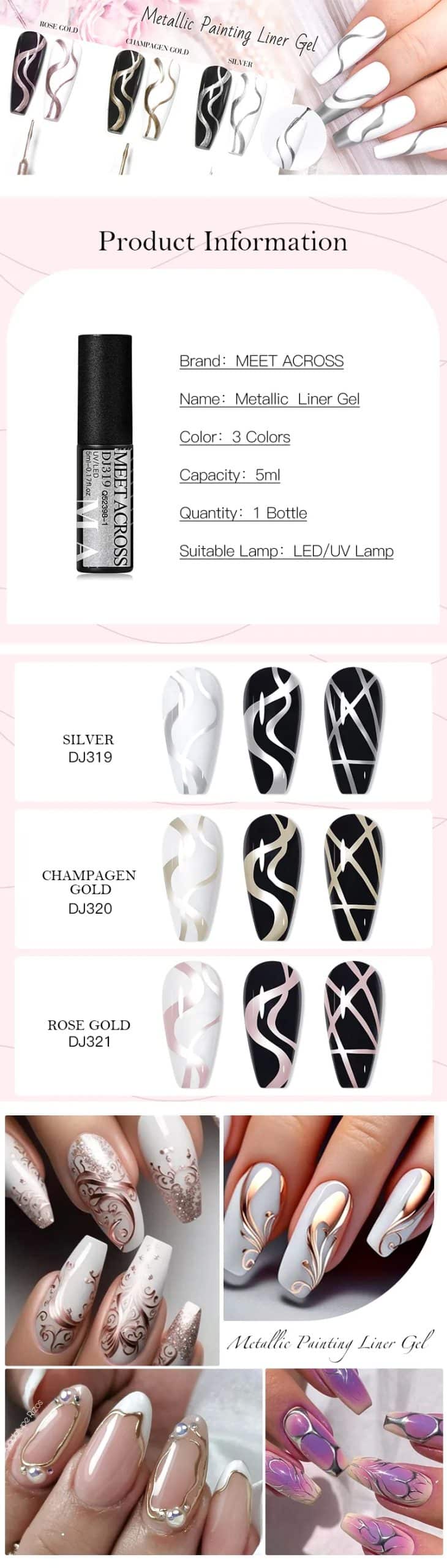 MEET ACROSS Metallic Gold Sliver Pink 5ml Liner Gel Nail Art Polish Painting Mirror Gel Graffiti Stripe Design Varnish DIY