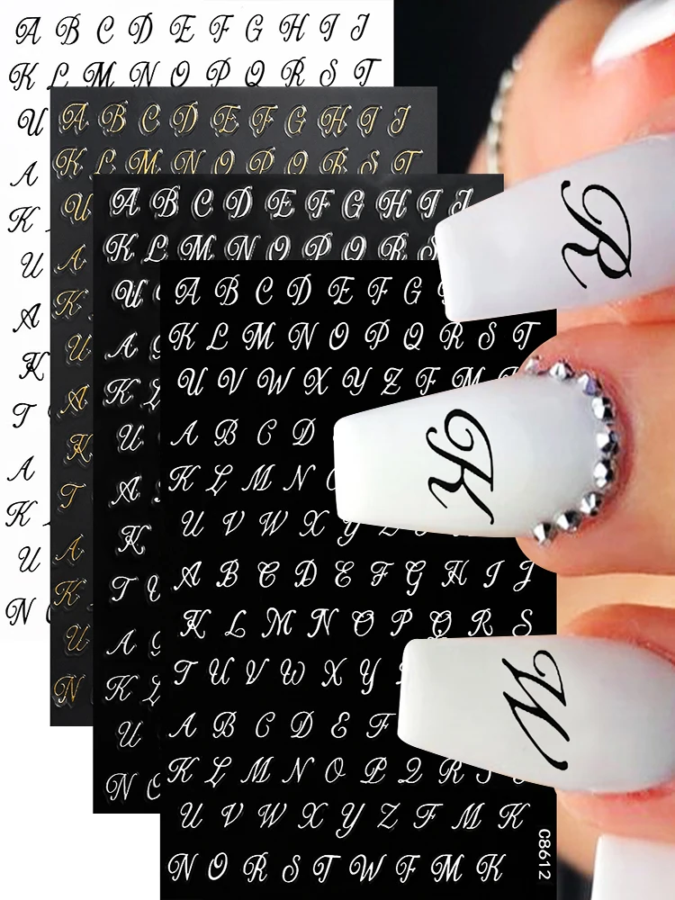 4pcs Roman Letter Nail Stickers Golden Silvery Black White Alphabet Self Adhesive Decal English Words DIY Manicure Decor Sliders 4pcs Roman Letter Nail Stickers Golden Silvery Black White Alphabet Self Adhesive Decal English Words DIY Manicure Decor Sliders