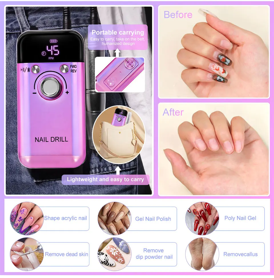 45000RPM Electric Nail Drill Machine Professional Nail Drills for Gel Nails Polish Rechargeable Portable Nail File Manicure Tool 45000RPM Electric Nail Drill Machine Professional Nail Drills for Gel Nails Polish Rechargeable Portable Nail File Manicure Tool