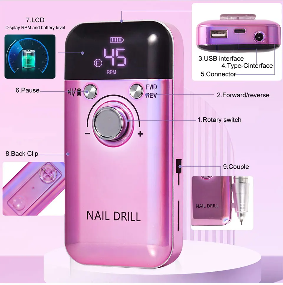 45000RPM Electric Nail Drill Machine Professional Nail Drills for Gel Nails Polish Rechargeable Portable Nail File Manicure Tool 45000RPM Electric Nail Drill Machine Professional Nail Drills for Gel Nails Polish Rechargeable Portable Nail File Manicure Tool