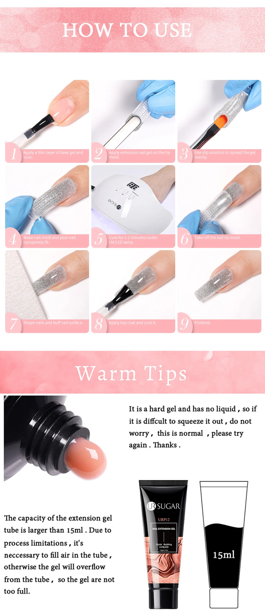 UR SUGAR 15ml Nail Extension Gel Soak Off UV LED Acrylic Crystal White Clear Nude Gel Nail Polish UV Construction Gel UR SUGAR 15ml Nail Extension Gel Soak Off UV LED Acrylic Crystal White Clear Nude Gel Nail Polish UV Construction Gel