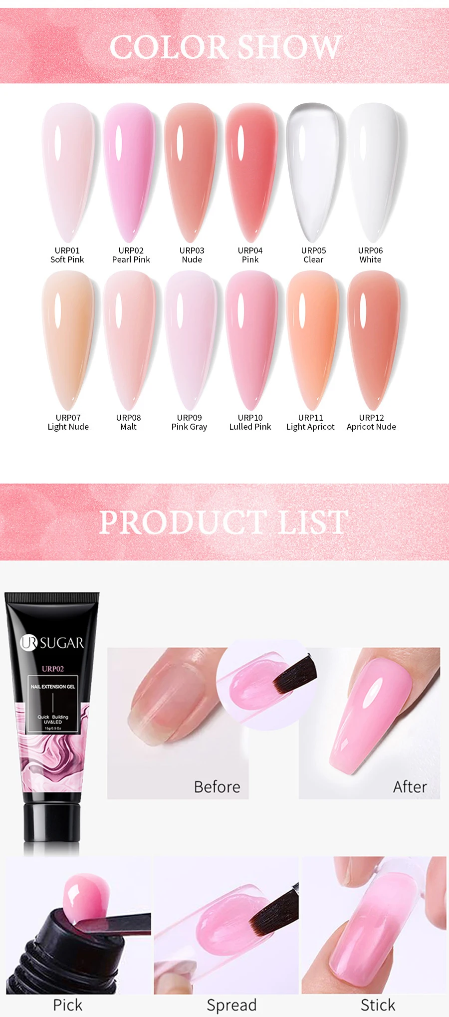 UR SUGAR 15ml Nail Extension Gel Soak Off UV LED Acrylic Crystal White Clear Nude Gel Nail Polish UV Construction Gel UR SUGAR 15ml Nail Extension Gel Soak Off UV LED Acrylic Crystal White Clear Nude Gel Nail Polish UV Construction Gel