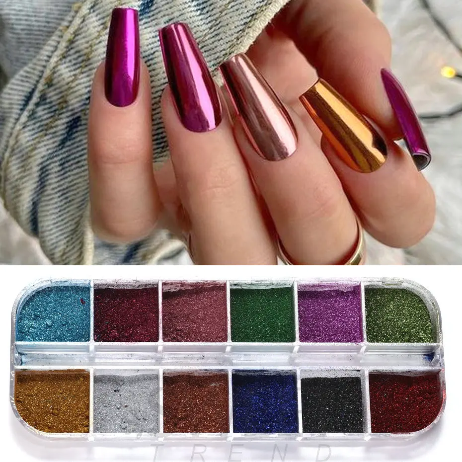 12 Colors Metallic Powder Nail Pigment Holographic Mirror Metal fine Rubbing On Nail Dust Glitter UV Gel Polish Nail Decoration 12 Colors Metallic Powder Nail Pigment Holographic Mirror Metal fine Rubbing On Nail Dust Glitter UV Gel Polish Nail Decoration
