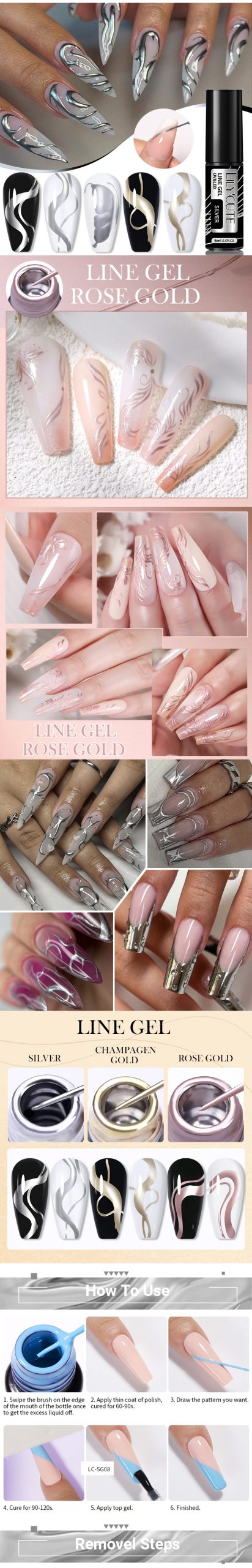 LILYCUTE 5ml Gold Sliver Metallic Liner Gel Nail Polish French Style Super Bright Mirror Pull Line Graffiti Painting Stripe Gel LILYCUTE Metallic Liner Gel - LILYCUTE 5ml Gold Sliver Metallic Liner Gel Nail Polish French Style Super Bright Mirror Pull Line Graffiti Painting Stripe Gel
