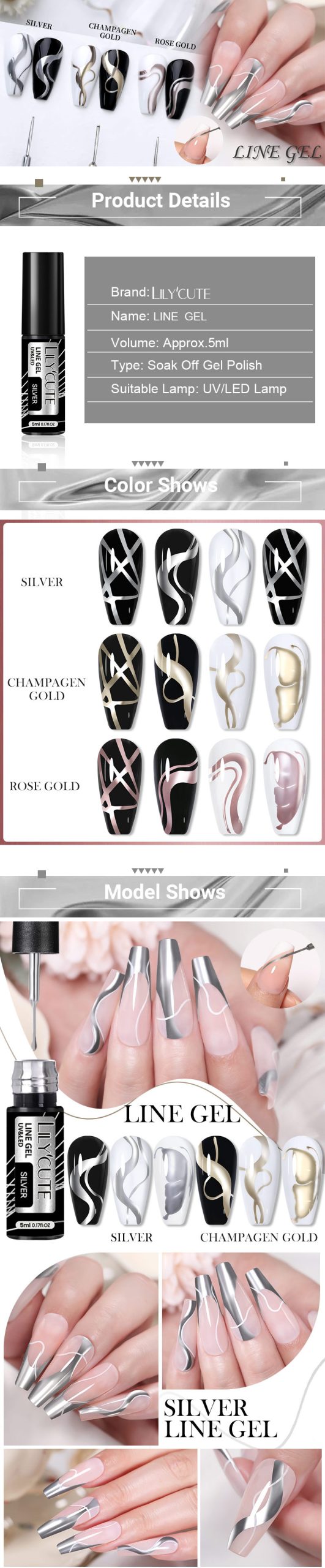 LILYCUTE 5ml Gold Sliver Metallic Liner Gel Nail Polish French Style Super Bright Mirror Pull Line Graffiti Painting Stripe Gel LILYCUTE Metallic Liner Gel - LILYCUTE 5ml Gold Sliver Metallic Liner Gel Nail Polish French Style Super Bright Mirror Pull Line Graffiti Painting Stripe Gel