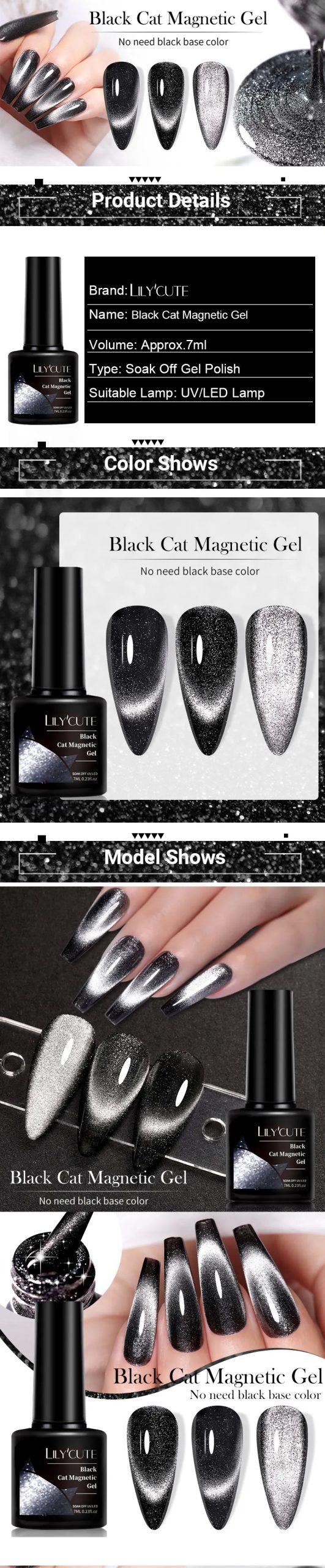 LILYCUTE 7ML Black Crystal Cat Magnetic Gel Sparkling Glitter Gel Nail Polish Semi Permanent UV Gel Nail Art No Need Base Color Lilycute Black Crystal Cat Magnetic Gel - LILYCUTE 7ML Black Crystal Cat Magnetic Gel Sparkling Glitter Gel Nail Polish Semi Permanent UV Gel Nail Art No Need Base Color