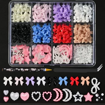 12 Grid Mixed Resin Bowknot Nail Charms – 3D Kawaii Bow & Pearl Pack with Tweezer 3 85994 0kunkb