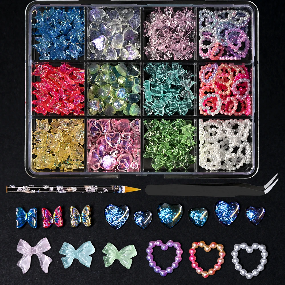 12Grids/Box Mixed Resin Bowknot Nail Charms 3D Colorful Bow Kawaii Rhinestone Nail Art Decorations DIY Manicure Parts Pen Tweeze 12 Grid Mixed Resin Bowknot Nail Charms - 12Grids/Box Mixed Resin Bowknot Nail Charms 3D Colorful Bow Kawaii Rhinestone Nail Art Decorations DIY Manicure Parts Pen Tweeze