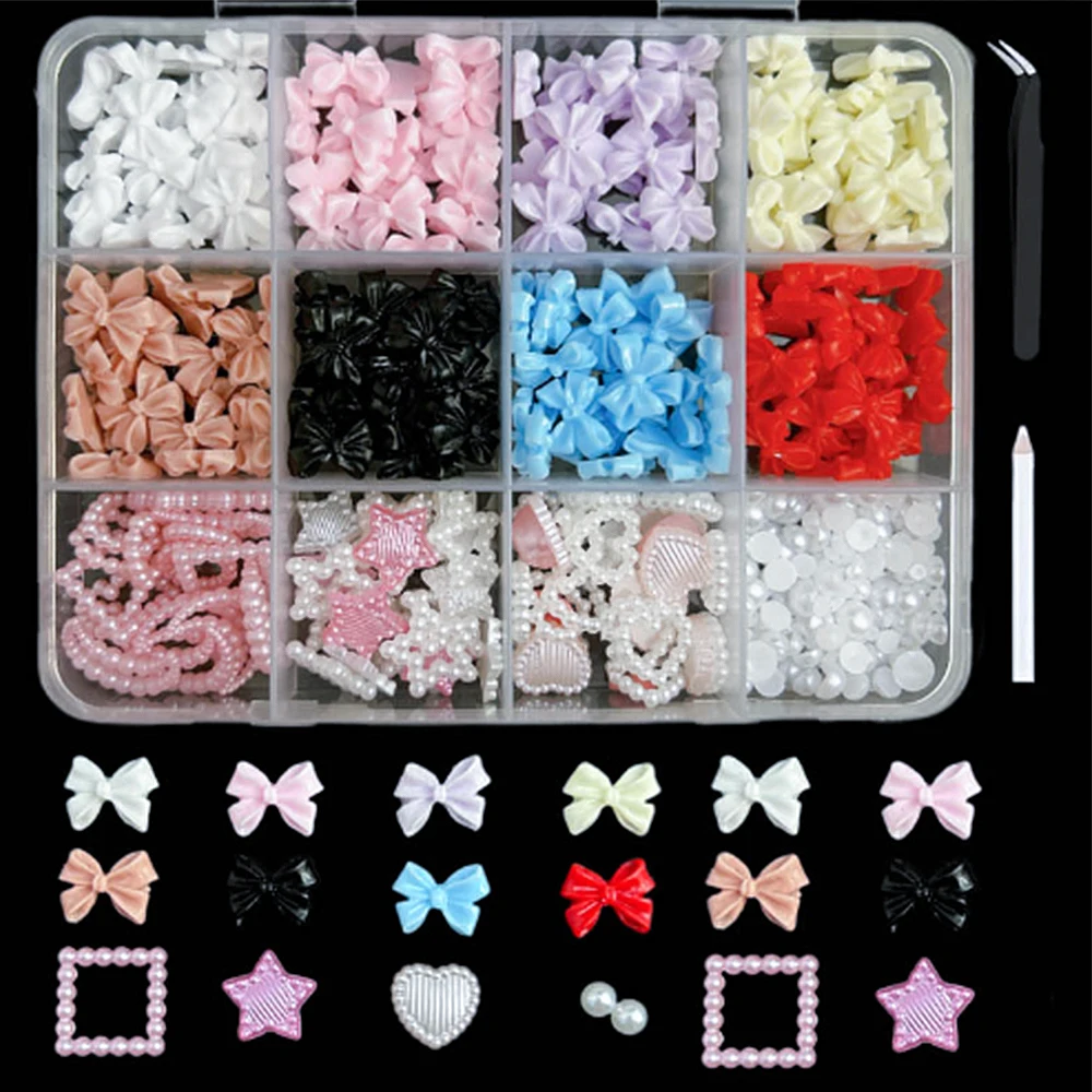 12Grids/Box Mixed Resin Bowknot Nail Charms 3D Colorful Bow Kawaii Rhinestone Nail Art Decorations DIY Manicure Parts Pen Tweeze 12 Grid Mixed Resin Bowknot Nail Charms - 12Grids/Box Mixed Resin Bowknot Nail Charms 3D Colorful Bow Kawaii Rhinestone Nail Art Decorations DIY Manicure Parts Pen Tweeze