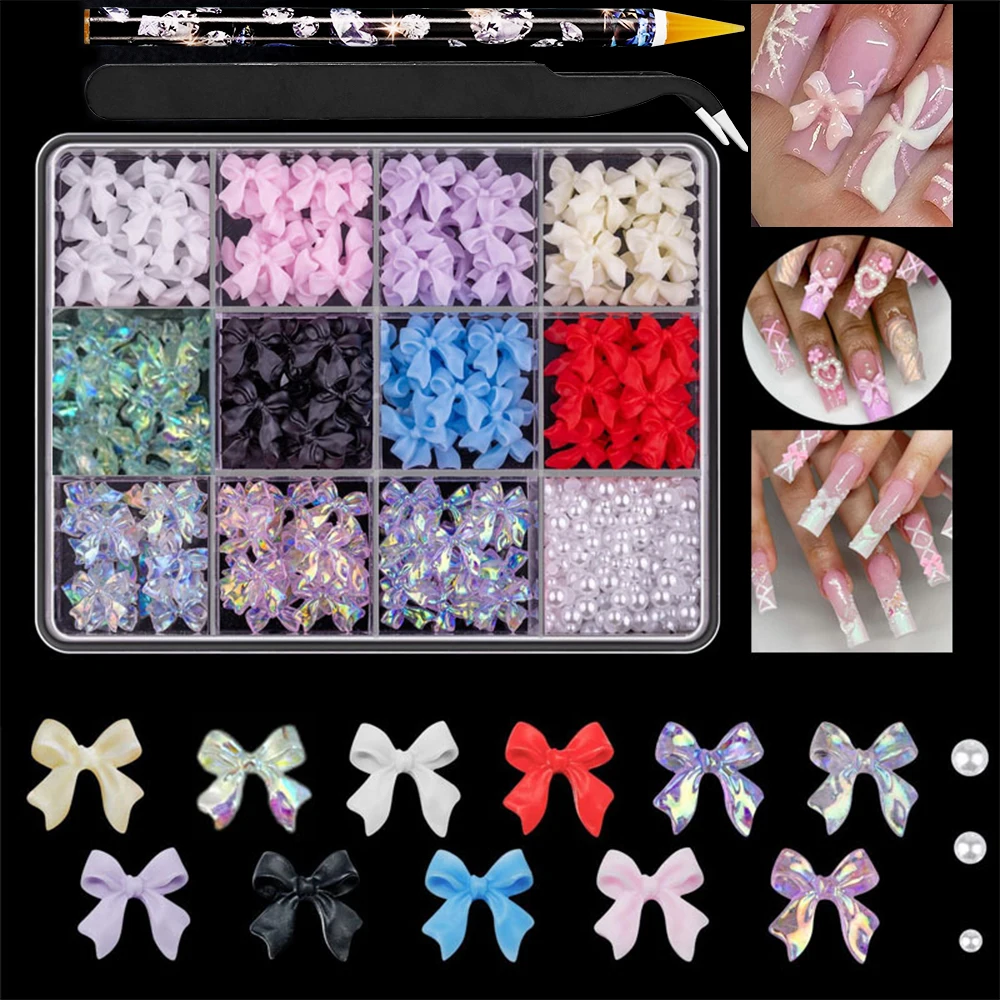 12Grids/Box Mixed Resin Bowknot Nail Charms 3D Colorful Bow Kawaii Rhinestone Nail Art Decorations DIY Manicure Parts Pen Tweeze 12 Grid Mixed Resin Bowknot Nail Charms - 12Grids/Box Mixed Resin Bowknot Nail Charms 3D Colorful Bow Kawaii Rhinestone Nail Art Decorations DIY Manicure Parts Pen Tweeze