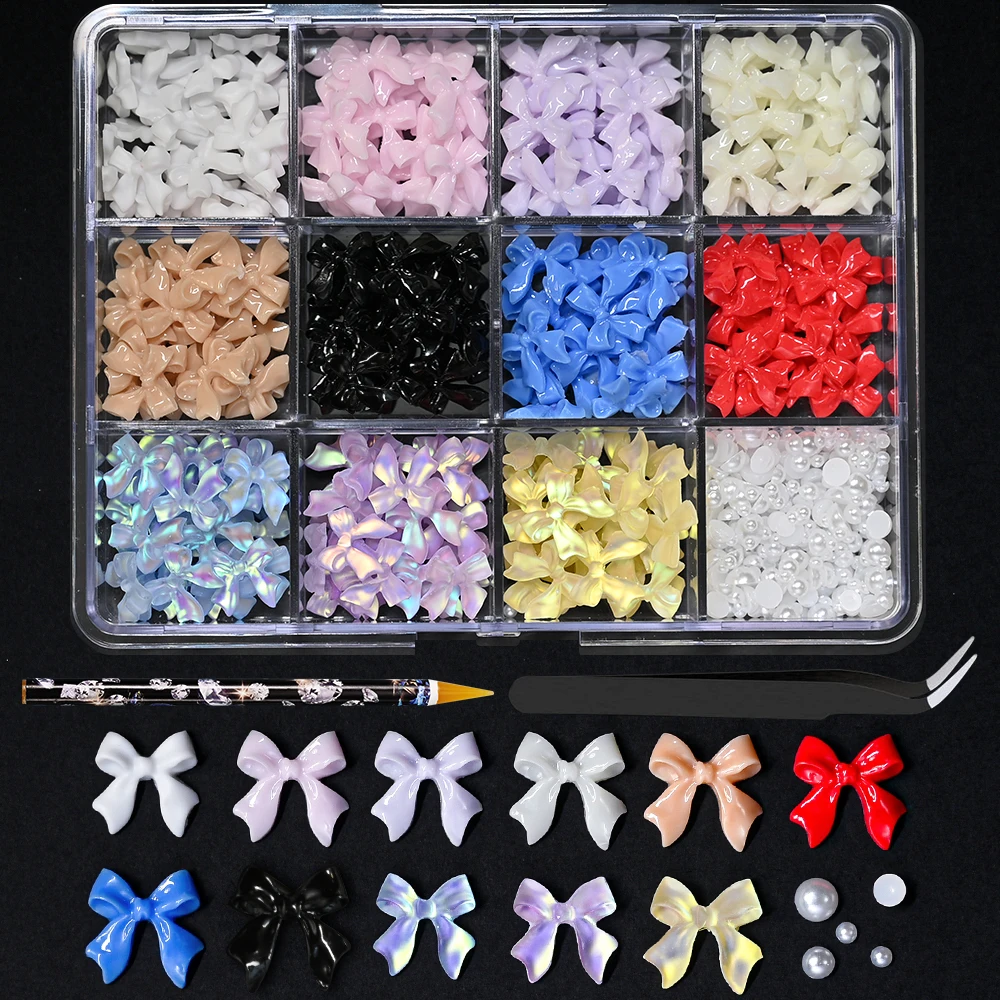 12Grids/Box Mixed Resin Bowknot Nail Charms 3D Colorful Bow Kawaii Rhinestone Nail Art Decorations DIY Manicure Parts Pen Tweeze 12 Grid Mixed Resin Bowknot Nail Charms - 12Grids/Box Mixed Resin Bowknot Nail Charms 3D Colorful Bow Kawaii Rhinestone Nail Art Decorations DIY Manicure Parts Pen Tweeze