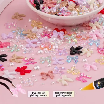 12 Grid Mixed Resin Bowknot Nail Charms – 3D Kawaii Bow & Pearl Pack with Tweezer 4 85994 cja28b