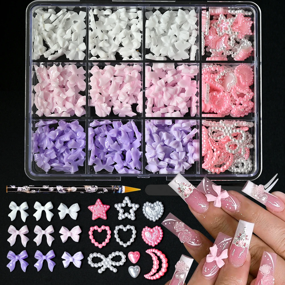12Grids/Box Mixed Resin Bowknot Nail Charms 3D Colorful Bow Kawaii Rhinestone Nail Art Decorations DIY Manicure Parts Pen Tweeze 12 Grid Mixed Resin Bowknot Nail Charms - 12Grids/Box Mixed Resin Bowknot Nail Charms 3D Colorful Bow Kawaii Rhinestone Nail Art Decorations DIY Manicure Parts Pen Tweeze