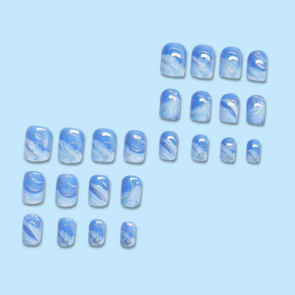 24pcs/set short Medium quare Glossy Ballerina Fake Nails jellyfish blue sea wave flowers geometric design press on false nails Ballerina Press‑On Fake Nails - 24pcs/set short Medium square Glossy Ballerina Fake Nails jellyfish blue sea wave flowers geometric design press on false nails