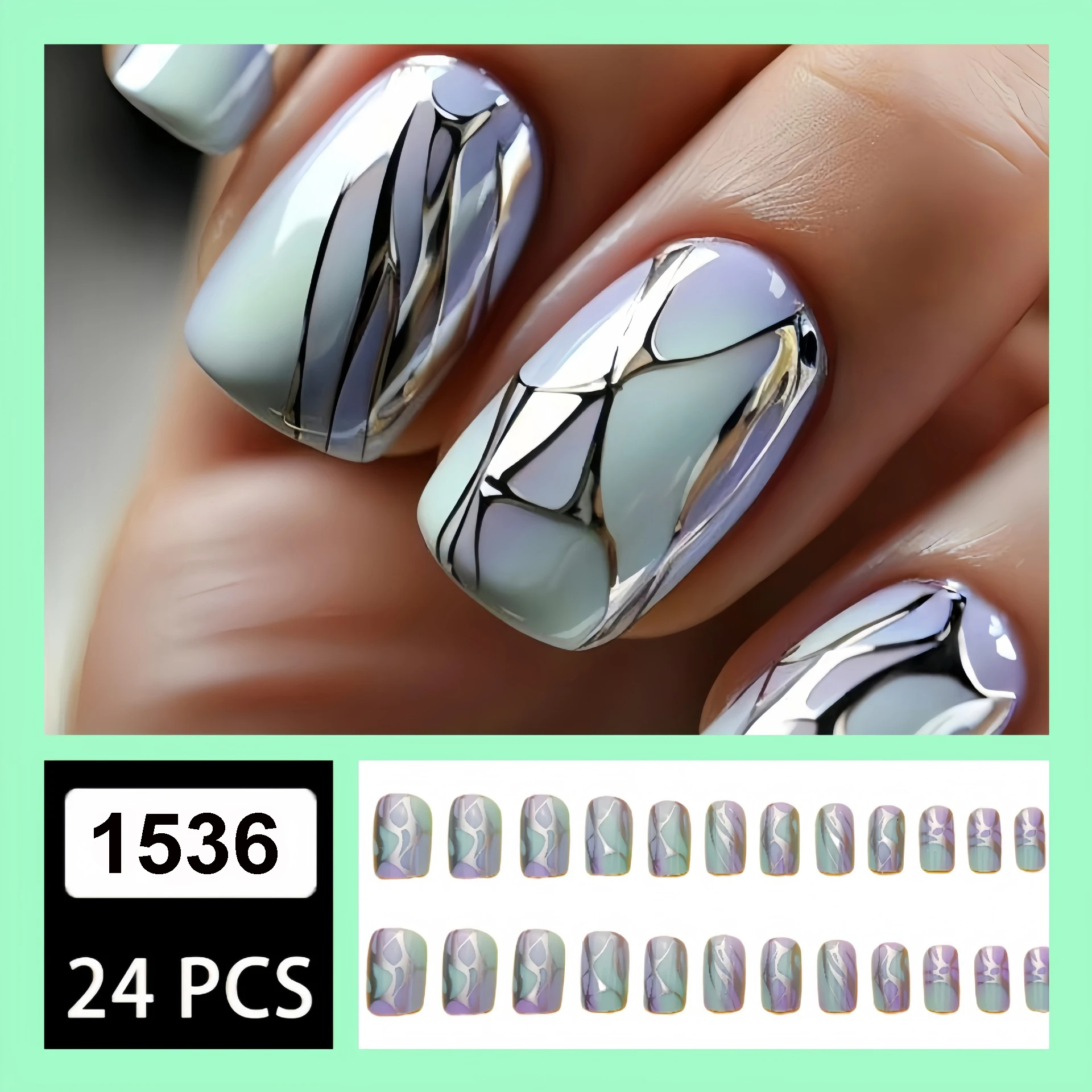 24pcs/set short Medium quare Glossy Ballerina Fake Nails jellyfish blue sea wave flowers geometric design press on false nails Ballerina Press‑On Fake Nails - 24pcs/set short Medium square Glossy Ballerina Fake Nails jellyfish blue sea wave flowers geometric design press on false nails