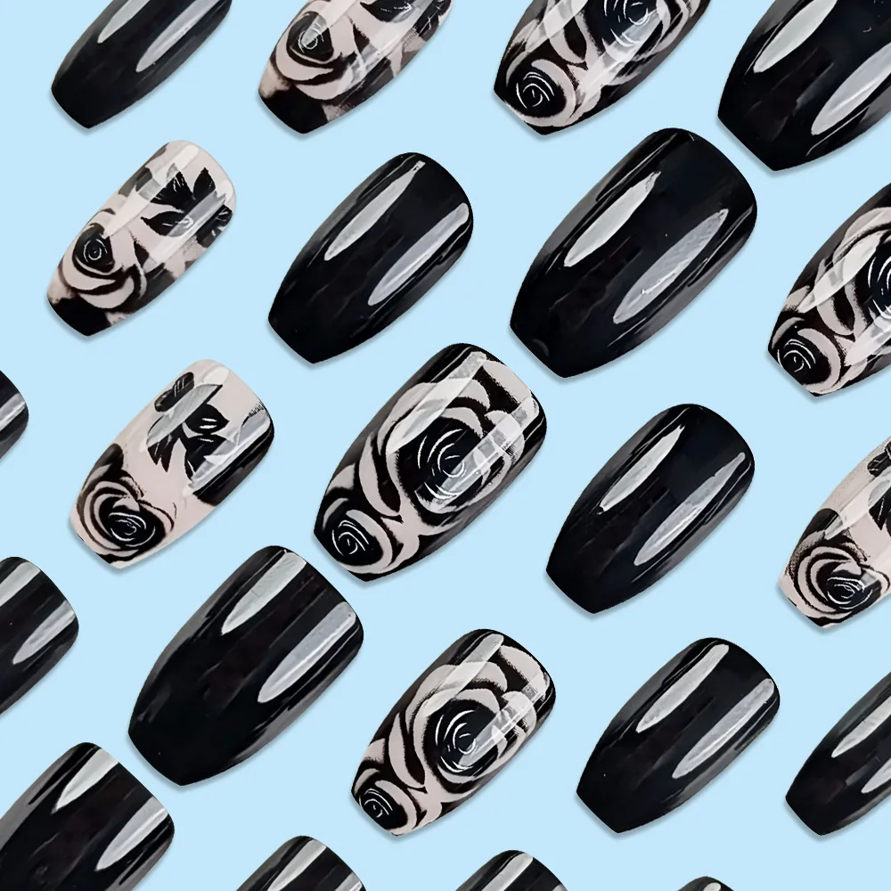 24pcs/set short Medium quare Glossy Ballerina Fake Nails jellyfish blue sea wave flowers geometric design press on false nails Ballerina Press‑On Fake Nails - 24pcs/set short Medium square Glossy Ballerina Fake Nails jellyfish blue sea wave flowers geometric design press on false nails