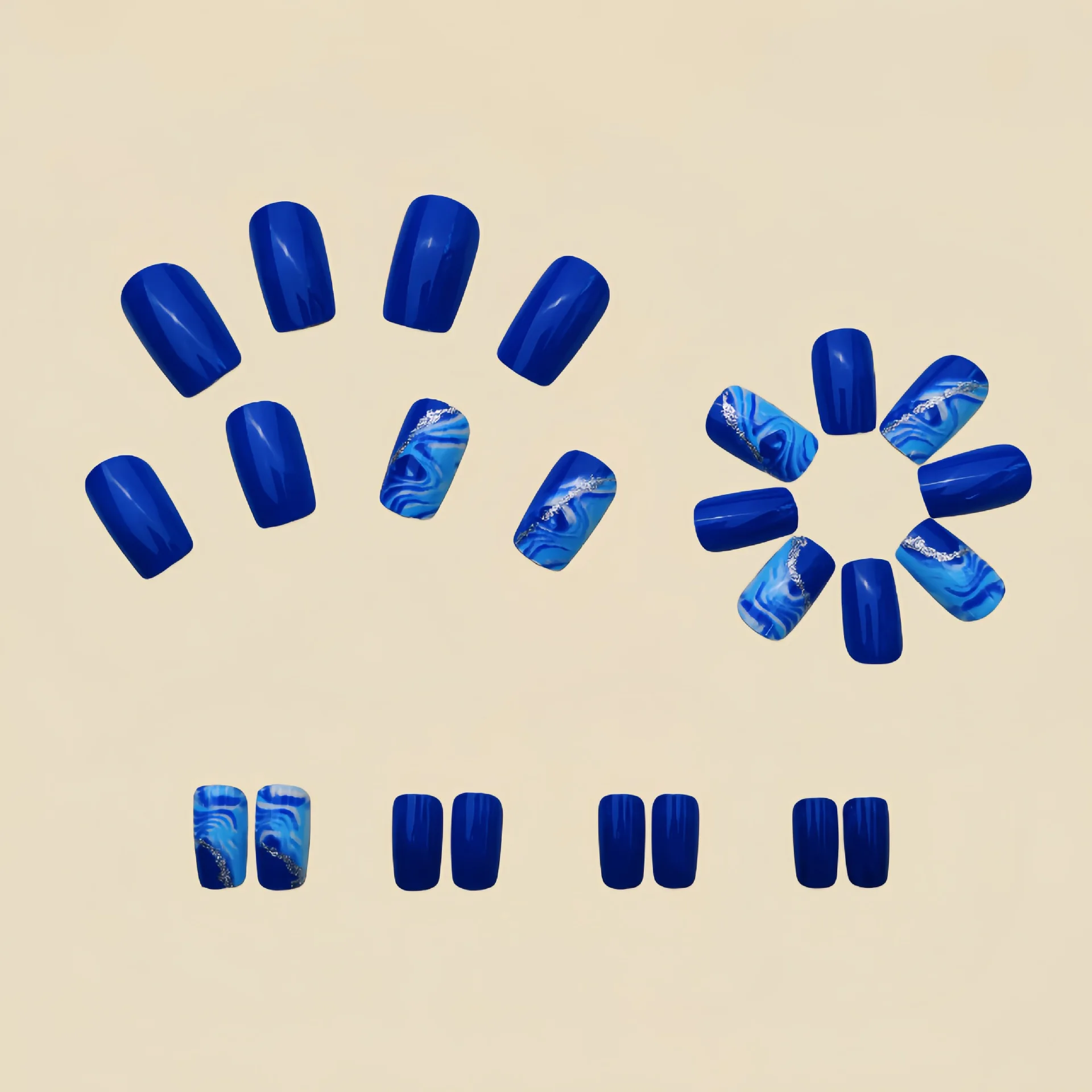 24pcs/set short Medium quare Glossy Ballerina Fake Nails jellyfish blue sea wave flowers geometric design press on false nails Ballerina Press‑On Fake Nails - 24pcs/set short Medium square Glossy Ballerina Fake Nails jellyfish blue sea wave flowers geometric design press on false nails
