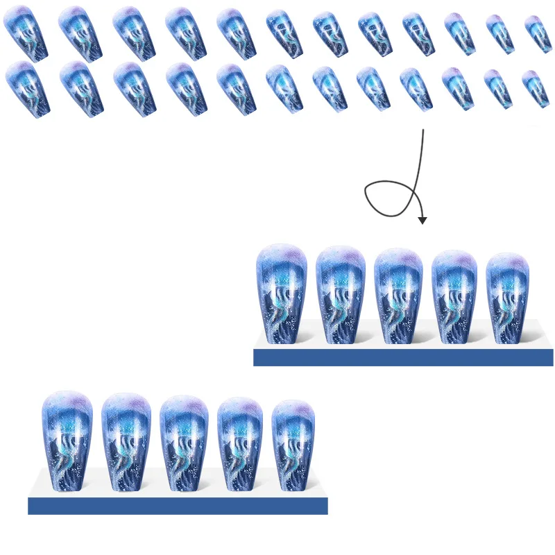 24pcs/set short Medium quare Glossy Ballerina Fake Nails jellyfish blue sea wave flowers geometric design press on false nails Ballerina Press‑On Fake Nails - 24pcs/set short Medium square Glossy Ballerina Fake Nails jellyfish blue sea wave flowers geometric design press on false nails