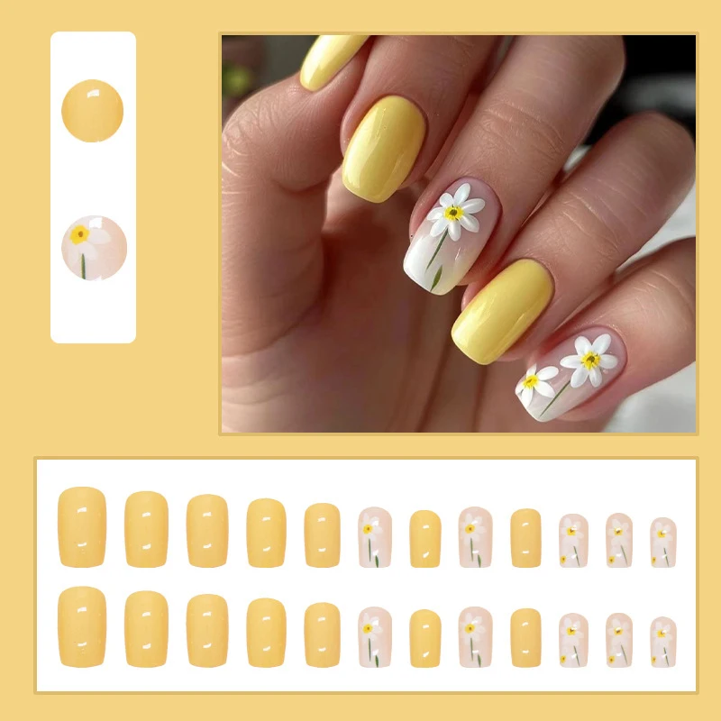 24pcs/set short Medium quare Glossy Ballerina Fake Nails jellyfish blue sea wave flowers geometric design press on false nails Ballerina Press‑On Fake Nails - 24pcs/set short Medium square Glossy Ballerina Fake Nails jellyfish blue sea wave flowers geometric design press on false nails