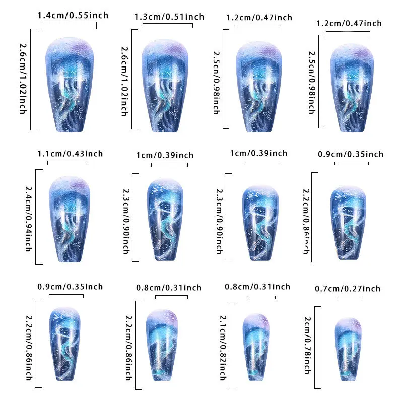 24pcs/set short Medium quare Glossy Ballerina Fake Nails jellyfish blue sea wave flowers geometric design press on false nails Ballerina Press‑On Fake Nails - 24pcs/set short Medium square Glossy Ballerina Fake Nails jellyfish blue sea wave flowers geometric design press on false nails
