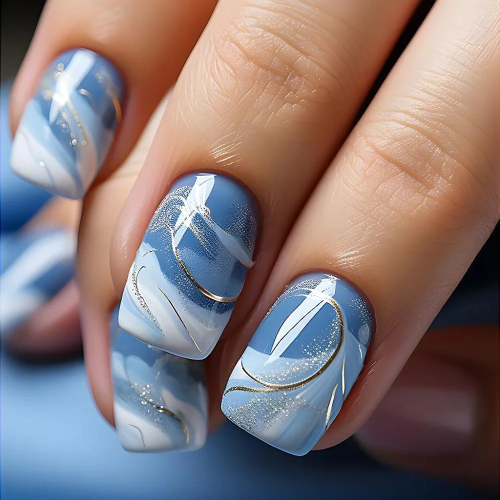24pcs/set short Medium quare Glossy Ballerina Fake Nails jellyfish blue sea wave flowers geometric design press on false nails Ballerina Press‑On Fake Nails - 24pcs/set short Medium square Glossy Ballerina Fake Nails jellyfish blue sea wave flowers geometric design press on false nails