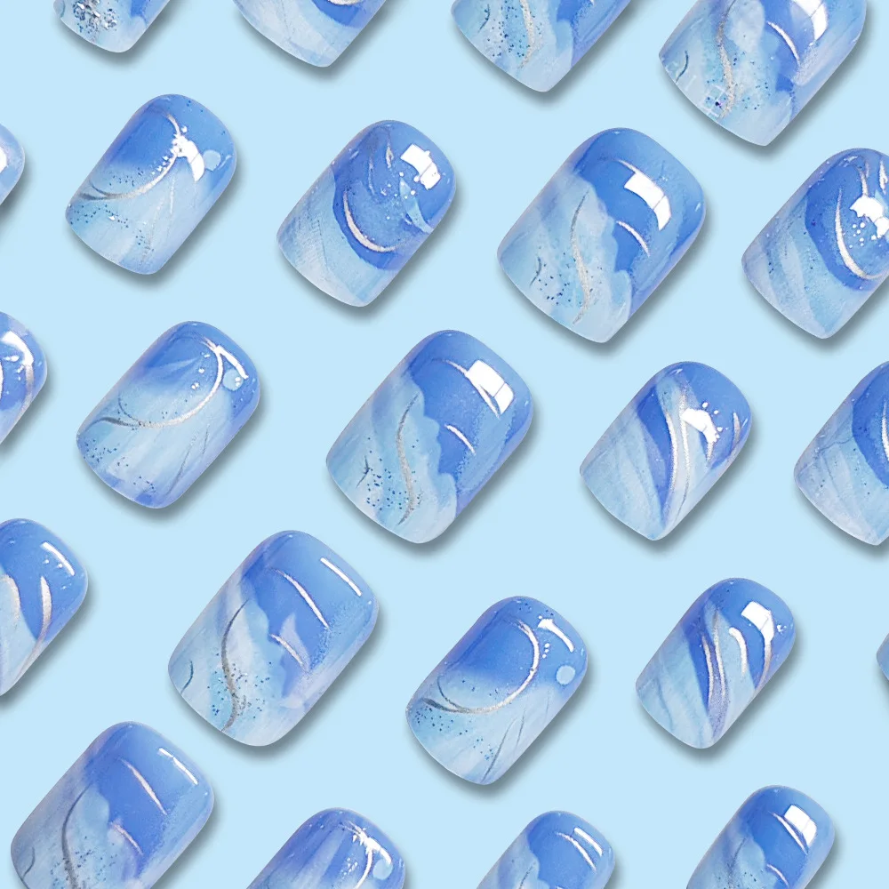 24pcs/set short Medium quare Glossy Ballerina Fake Nails jellyfish blue sea wave flowers geometric design press on false nails Ballerina Press‑On Fake Nails - 24pcs/set short Medium square Glossy Ballerina Fake Nails jellyfish blue sea wave flowers geometric design press on false nails