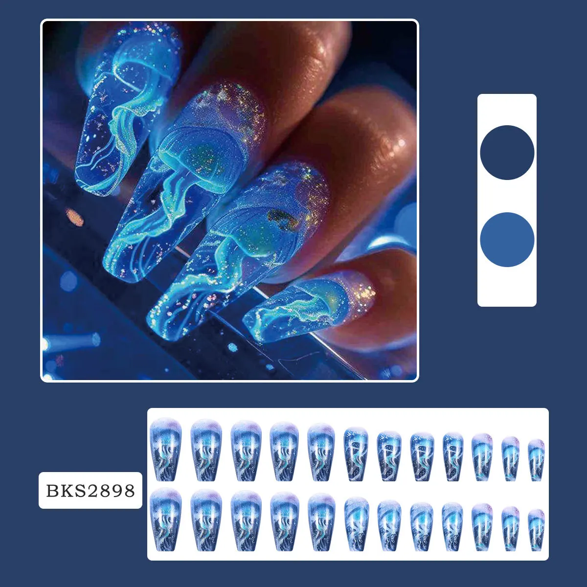 24pcs/set short Medium quare Glossy Ballerina Fake Nails jellyfish blue sea wave flowers geometric design press on false nails Ballerina Press‑On Fake Nails - 24pcs/set short Medium square Glossy Ballerina Fake Nails jellyfish blue sea wave flowers geometric design press on false nails