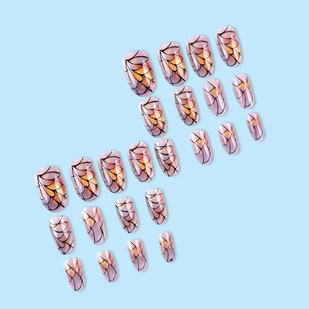 24pcs/set short Medium quare Glossy Ballerina Fake Nails jellyfish blue sea wave flowers geometric design press on false nails Ballerina Press‑On Fake Nails - 24pcs/set short Medium square Glossy Ballerina Fake Nails jellyfish blue sea wave flowers geometric design press on false nails