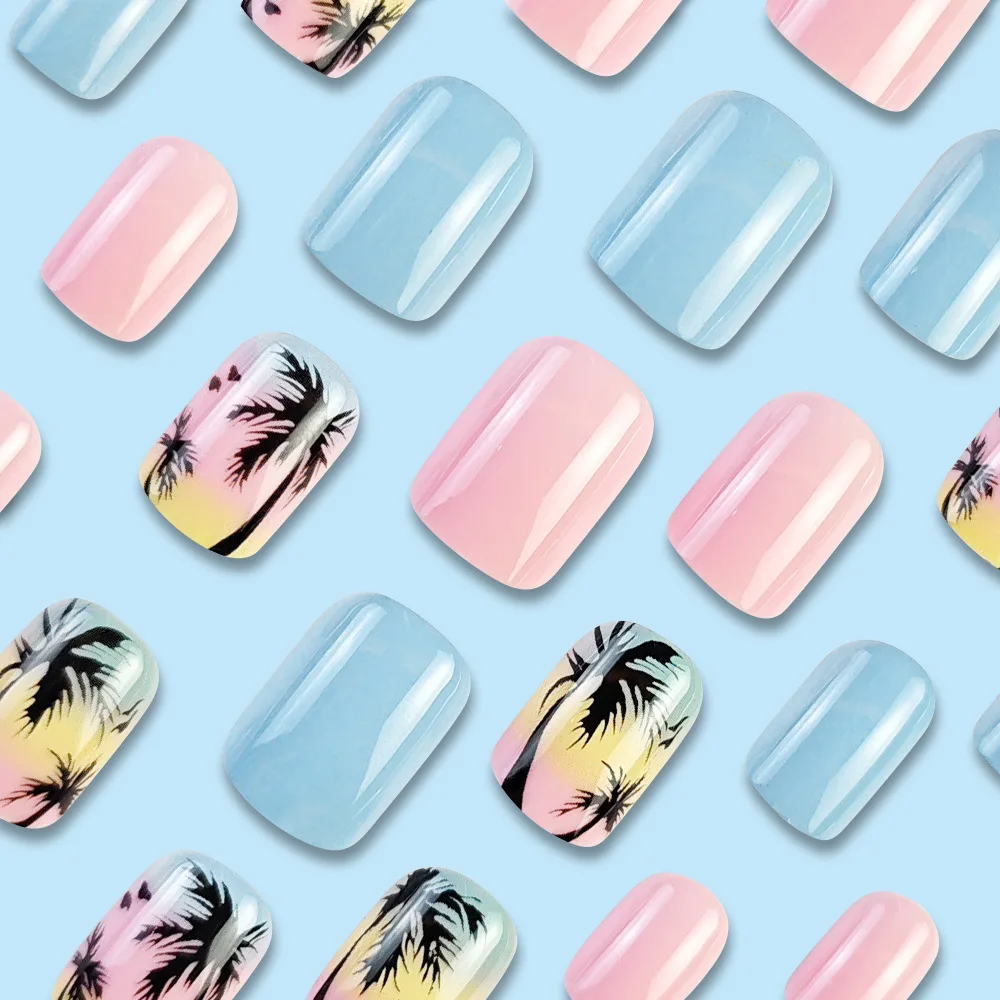 24pcs/set short square fake nails for women girls faux ongles fashion glitter geometric flowers design press on false nail kit Short Square Press-On Fake Nails Kit - 24pcs/set short square fake nails for women girls faux ongles fashion glitter geometric flowers design press on false nail kit