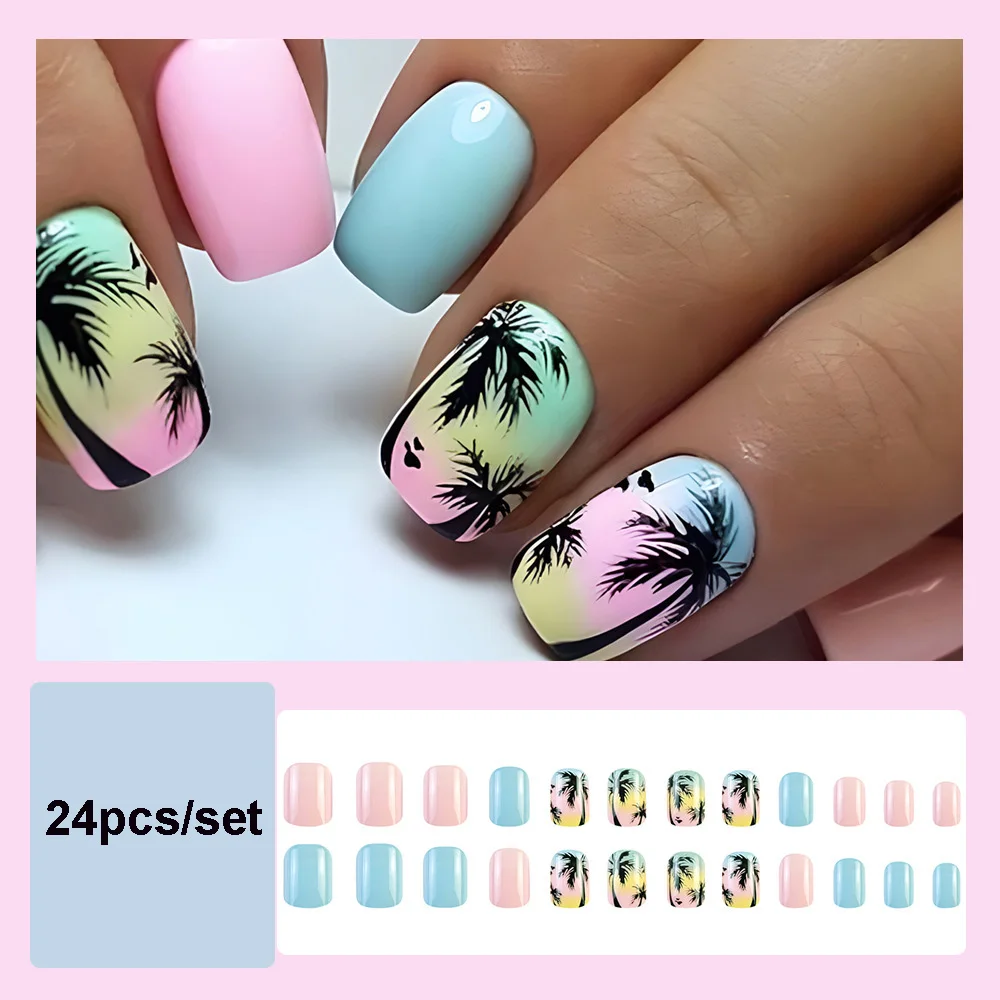 24pcs/set short square fake nails for women girls faux ongles fashion glitter geometric flowers design press on false nail kit Short Square Press-On Fake Nails Kit - 24pcs/set short square fake nails for women girls faux ongles fashion glitter geometric flowers design press on false nail kit