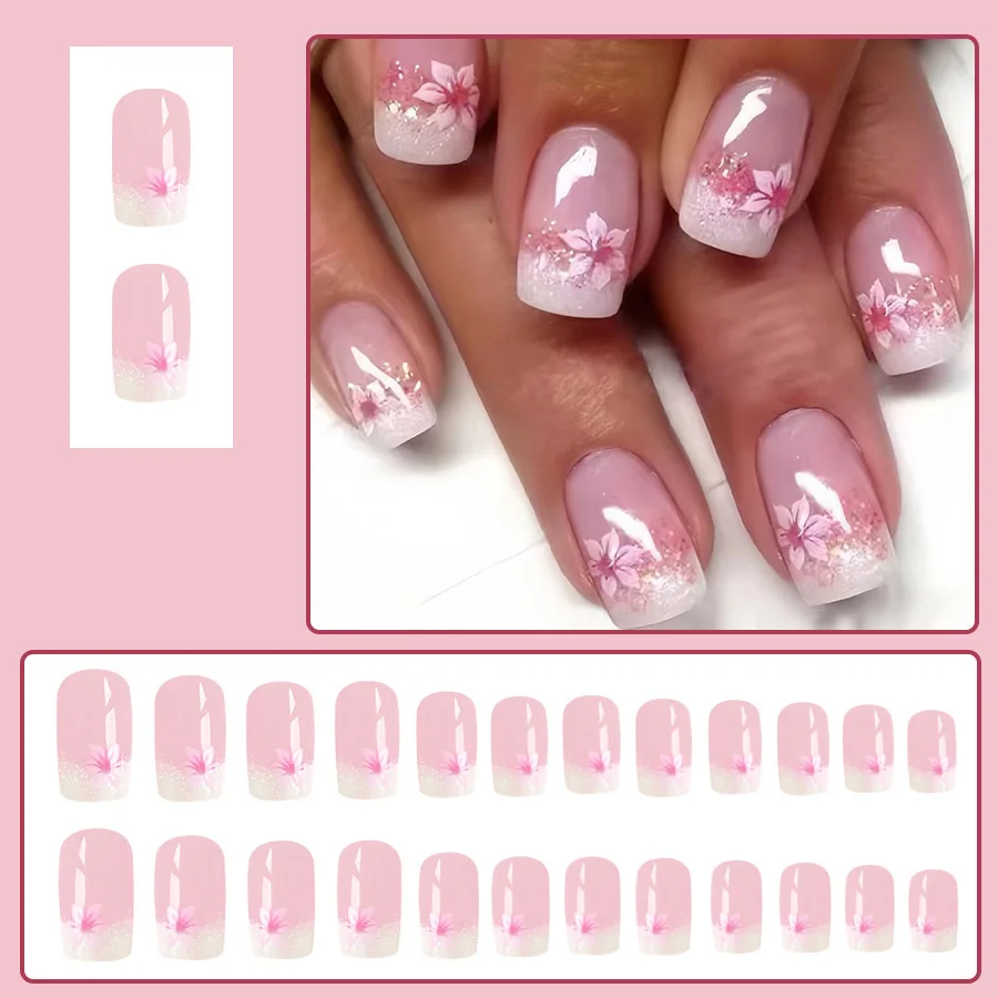 24pcs/set short square fake nails for women girls faux ongles fashion glitter geometric flowers design press on false nail kit Short Square Press-On Fake Nails Kit - 24pcs/set short square fake nails for women girls faux ongles fashion glitter geometric flowers design press on false nail kit