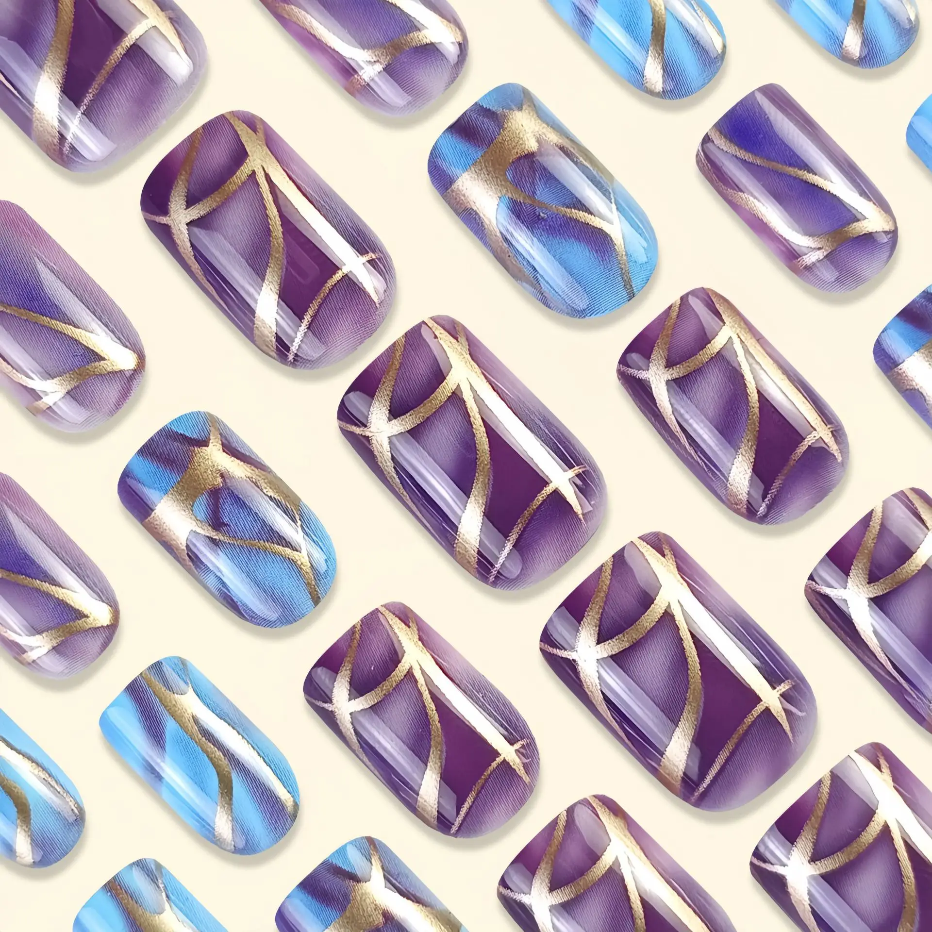 24pcs/set short Medium quare Glossy Ballerina Fake Nails jellyfish blue sea wave flowers geometric design press on false nails Jellyfish Ballerina Press On Nails – 24pcs/set short Medium quare Glossy Ballerina Fake Nails jellyfish blue sea wave flowers geometric design press on false nails