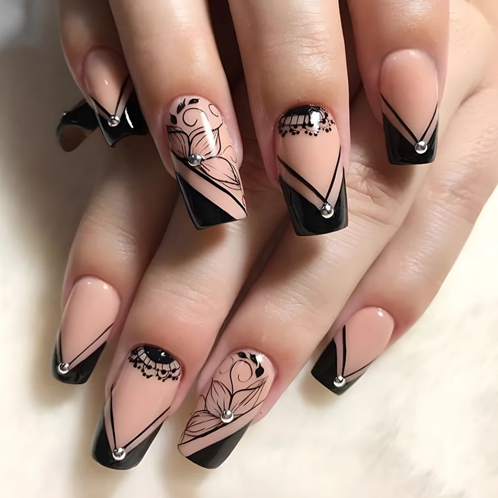 24pcs/set short square fake nails for women girls faux ongles fashion glitter geometric flowers design press on false nail kit Short Square Glam Nails – 24pcs/set short square fake nails for women girls faux ongles fashion glitter geometric flowers design press on false nail kit