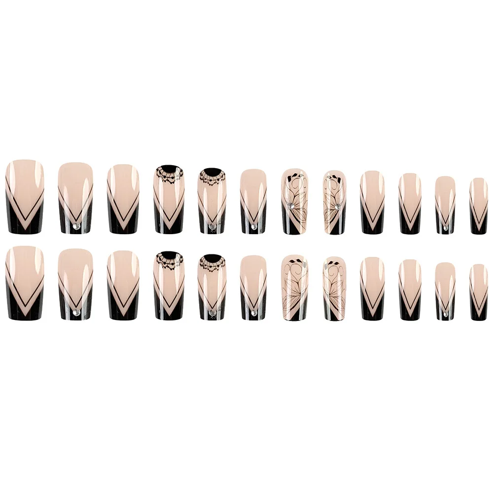 24pcs/set short square fake nails for women girls faux ongles fashion glitter geometric flowers design press on false nail kit Short Square Glam Nails – 24pcs/set short square fake nails for women girls faux ongles fashion glitter geometric flowers design press on false nail kit