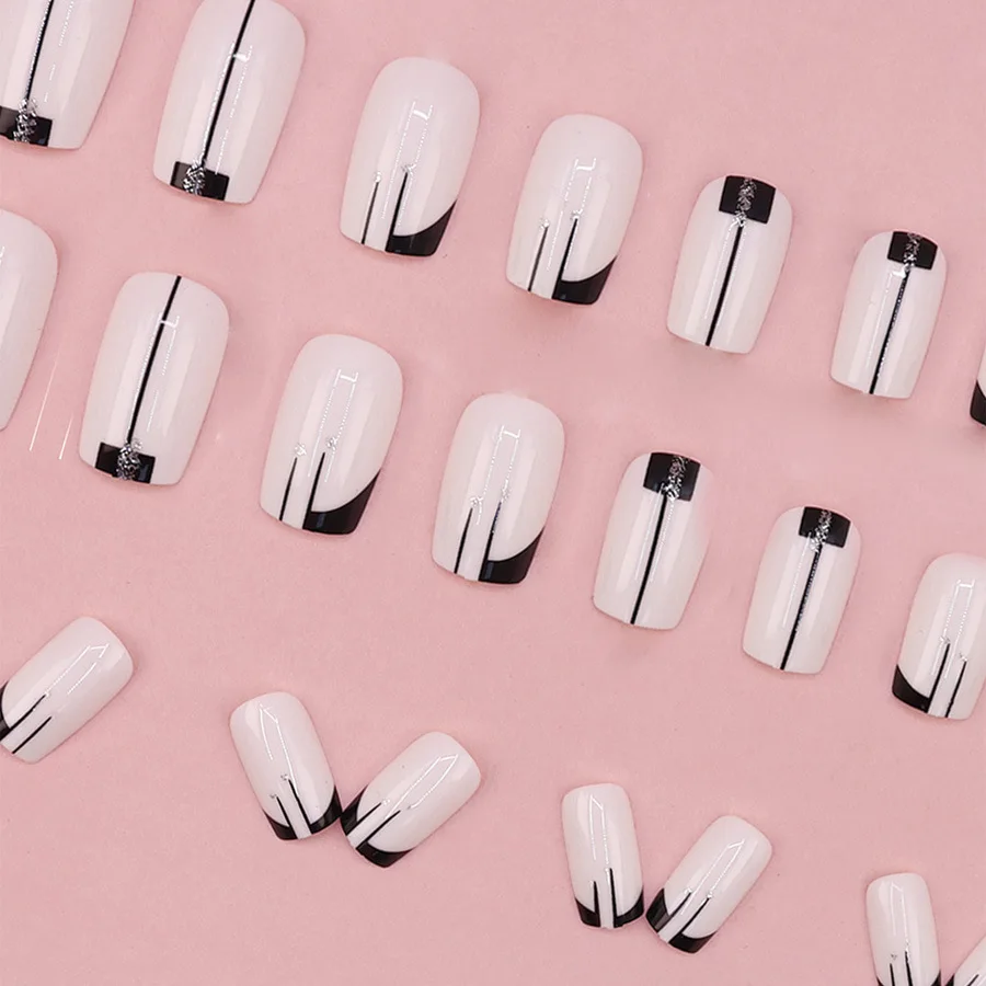 24pcs/set short square fake nails for women girls faux ongles fashion glitter geometric flowers design press on false nail kit Short Square Glam Nails – 24pcs/set short square fake nails for women girls faux ongles fashion glitter geometric flowers design press on false nail kit
