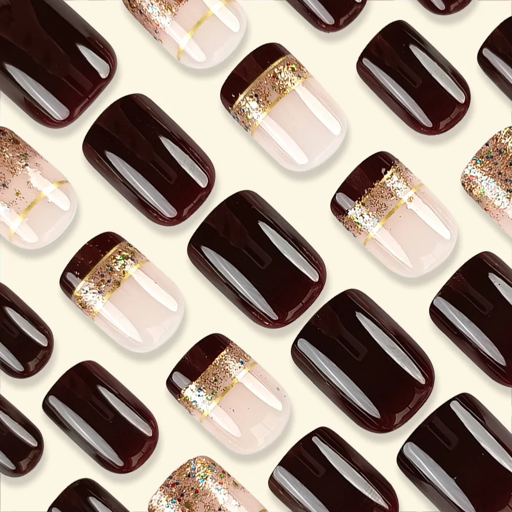 24pcs/set short square fake nails for women girls faux ongles fashion glitter geometric flowers design press on false nail kit Short Square Glam Nails – 24pcs/set short square fake nails for women girls faux ongles fashion glitter geometric flowers design press on false nail kit