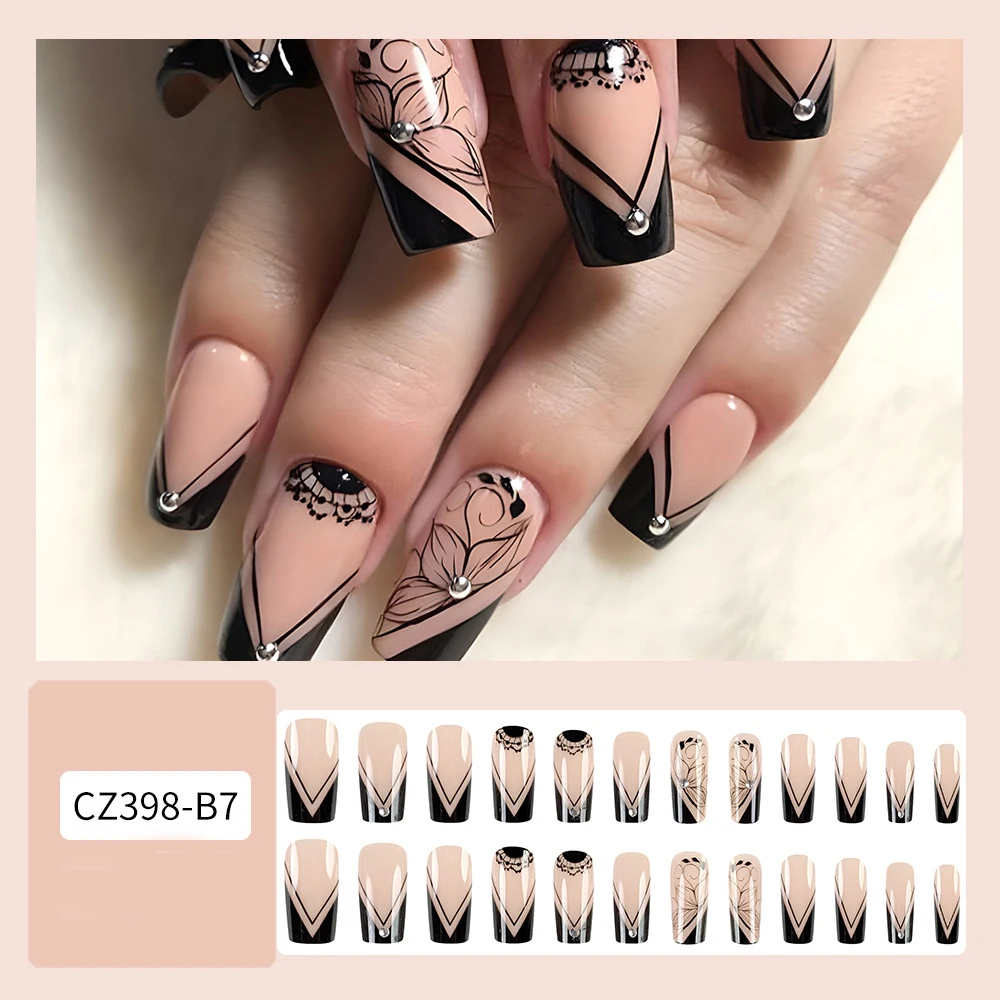24pcs/set short square fake nails for women girls faux ongles fashion glitter geometric flowers design press on false nail kit Short Square Glam Nails – 24pcs/set short square fake nails for women girls faux ongles fashion glitter geometric flowers design press on false nail kit