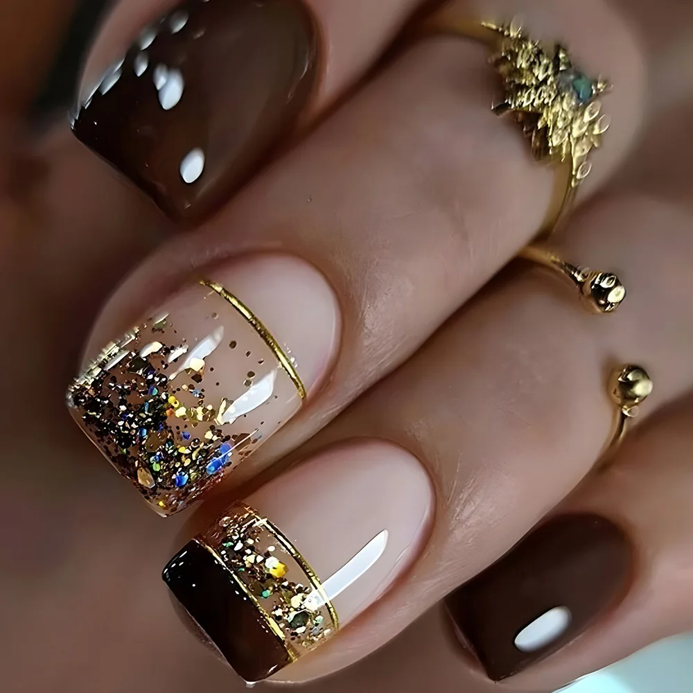 24pcs/set short square fake nails for women girls faux ongles fashion glitter geometric flowers design press on false nail kit Short Square Glam Nails – 24pcs/set short square fake nails for women girls faux ongles fashion glitter geometric flowers design press on false nail kit