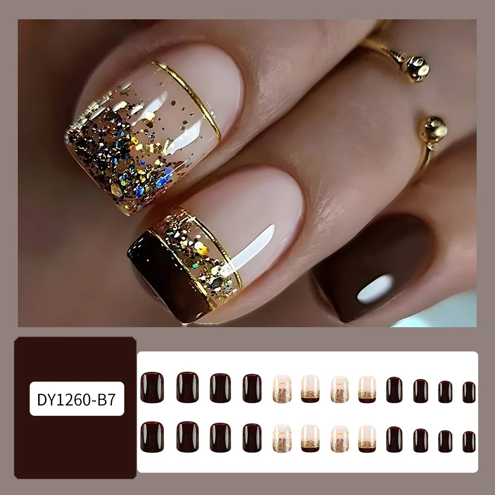 24pcs/set short square fake nails for women girls faux ongles fashion glitter geometric flowers design press on false nail kit Short Square Glam Nails – 24pcs/set short square fake nails for women girls faux ongles fashion glitter geometric flowers design press on false nail kit