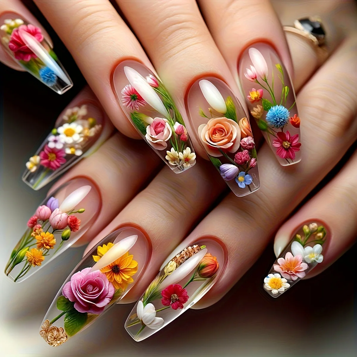 24pcs/set Medium long fake nails for women girls gradient Blue Ocean fish water plans jellyfish flowers press on false nail art Gradient Blue Ocean Press On Nails – 24pcs/set Medium long fake nails for women girls gradient Blue Ocean fish water plans jellyfish flowers press on false nail art