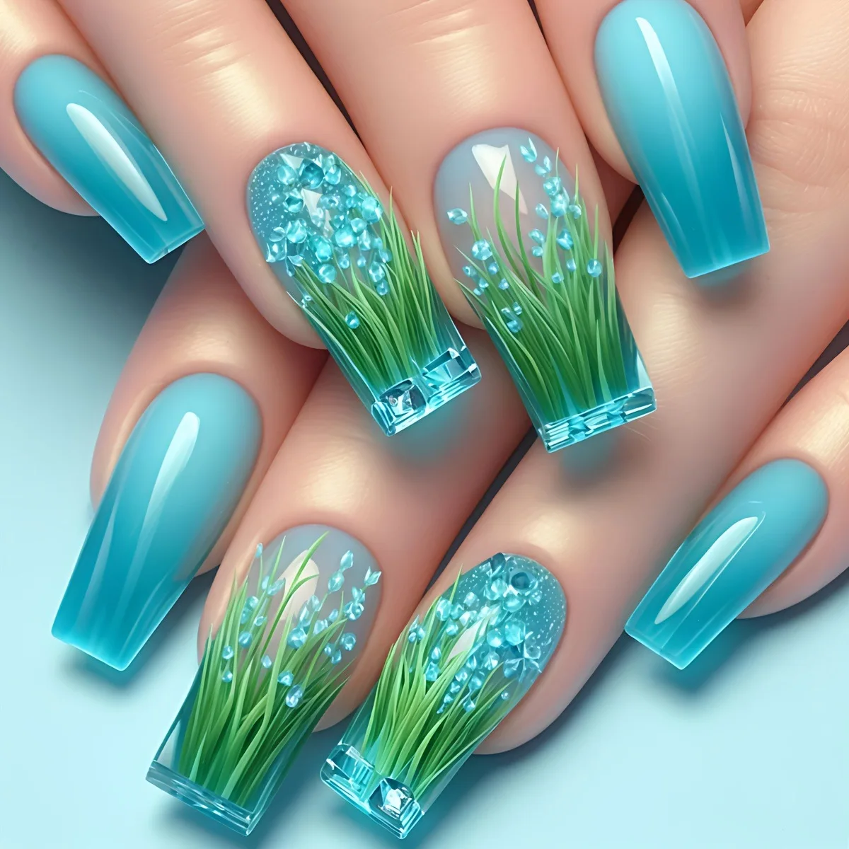 24pcs/set Medium long fake nails for women girls gradient Blue Ocean fish water plans jellyfish flowers press on false nail art Gradient Blue Ocean Press On Nails – 24pcs/set Medium long fake nails for women girls gradient Blue Ocean fish water plans jellyfish flowers press on false nail art