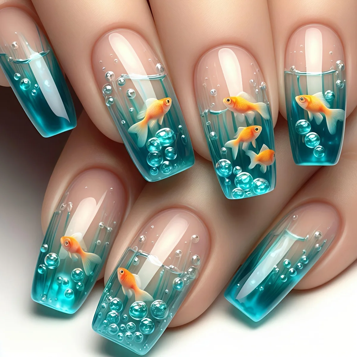 24pcs/set Medium long fake nails for women girls gradient Blue Ocean fish water plans jellyfish flowers press on false nail art Gradient Blue Ocean Press On Nails – 24pcs/set Medium long fake nails for women girls gradient Blue Ocean fish water plans jellyfish flowers press on false nail art