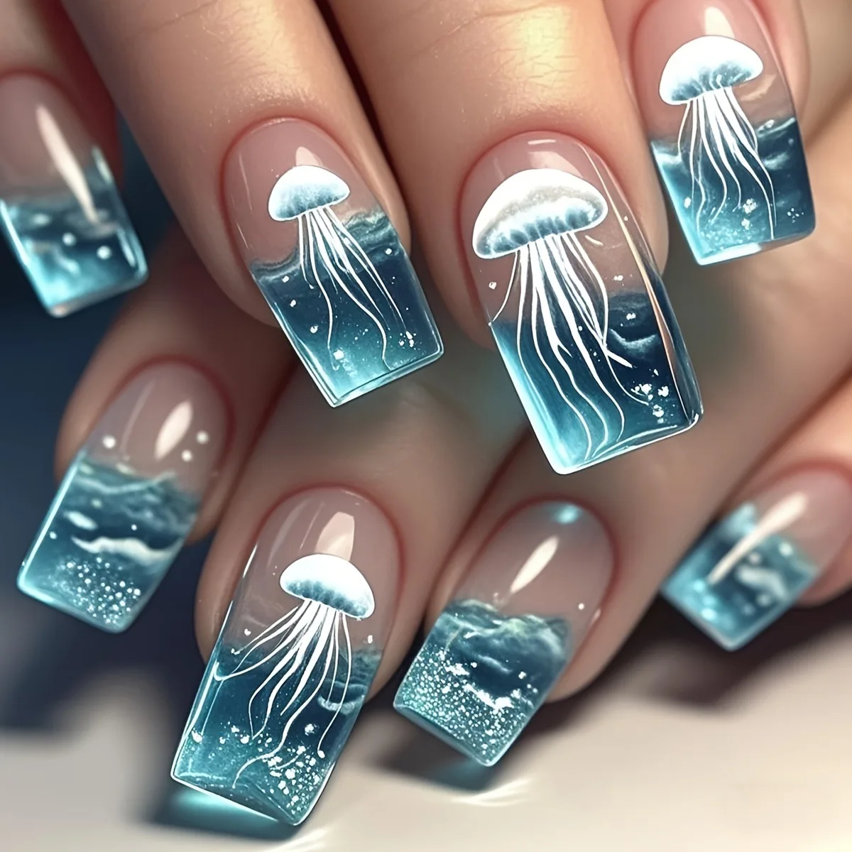 24pcs/set Medium long fake nails for women girls gradient Blue Ocean fish water plans jellyfish flowers press on false nail art Gradient Blue Ocean Press On Nails – 24pcs/set Medium long fake nails for women girls gradient Blue Ocean fish water plans jellyfish flowers press on false nail art