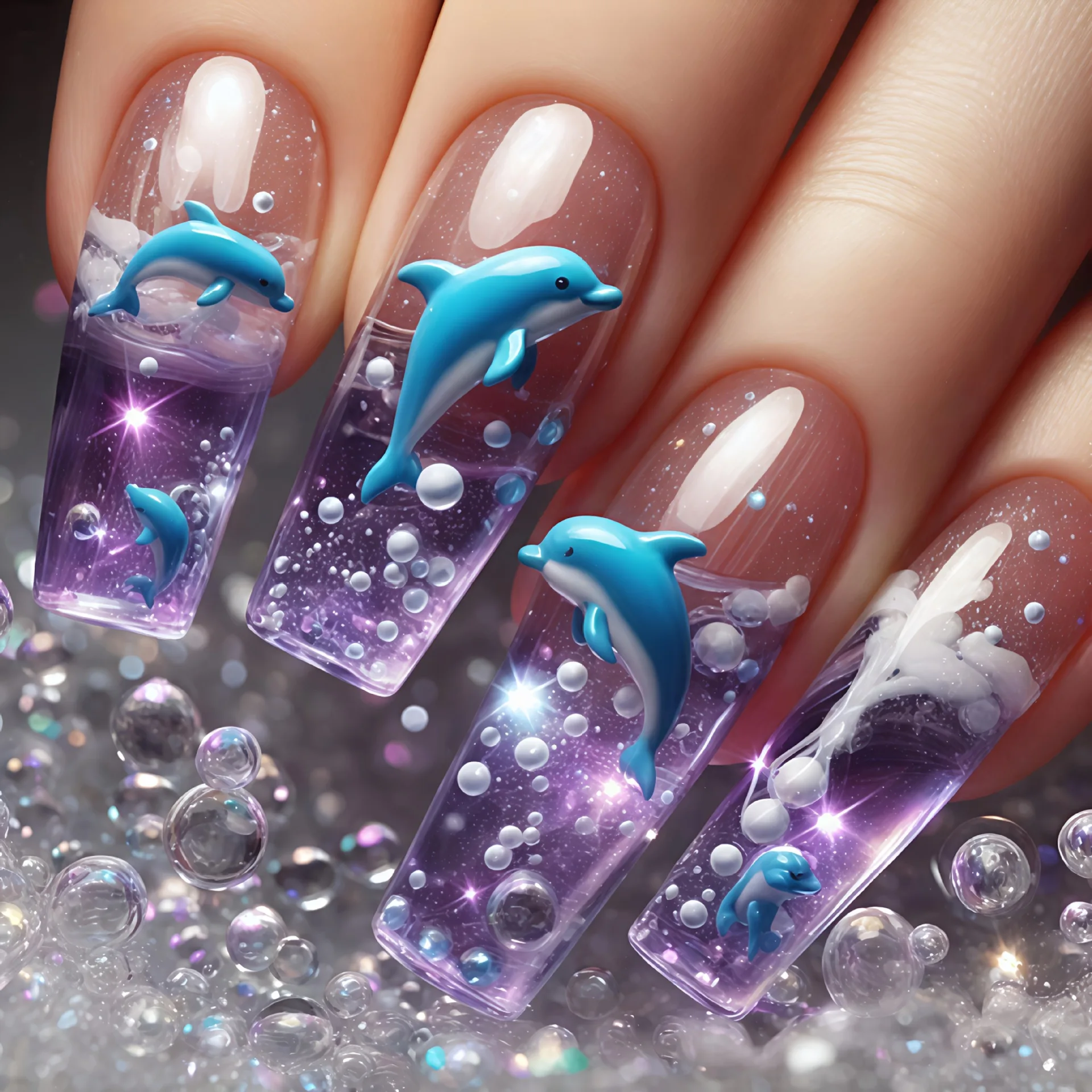 24pcs/set Medium long fake nails for women girls gradient Blue Ocean fish water plans jellyfish flowers press on false nail art Gradient Blue Ocean Press On Nails – 24pcs/set Medium long fake nails for women girls gradient Blue Ocean fish water plans jellyfish flowers press on false nail art