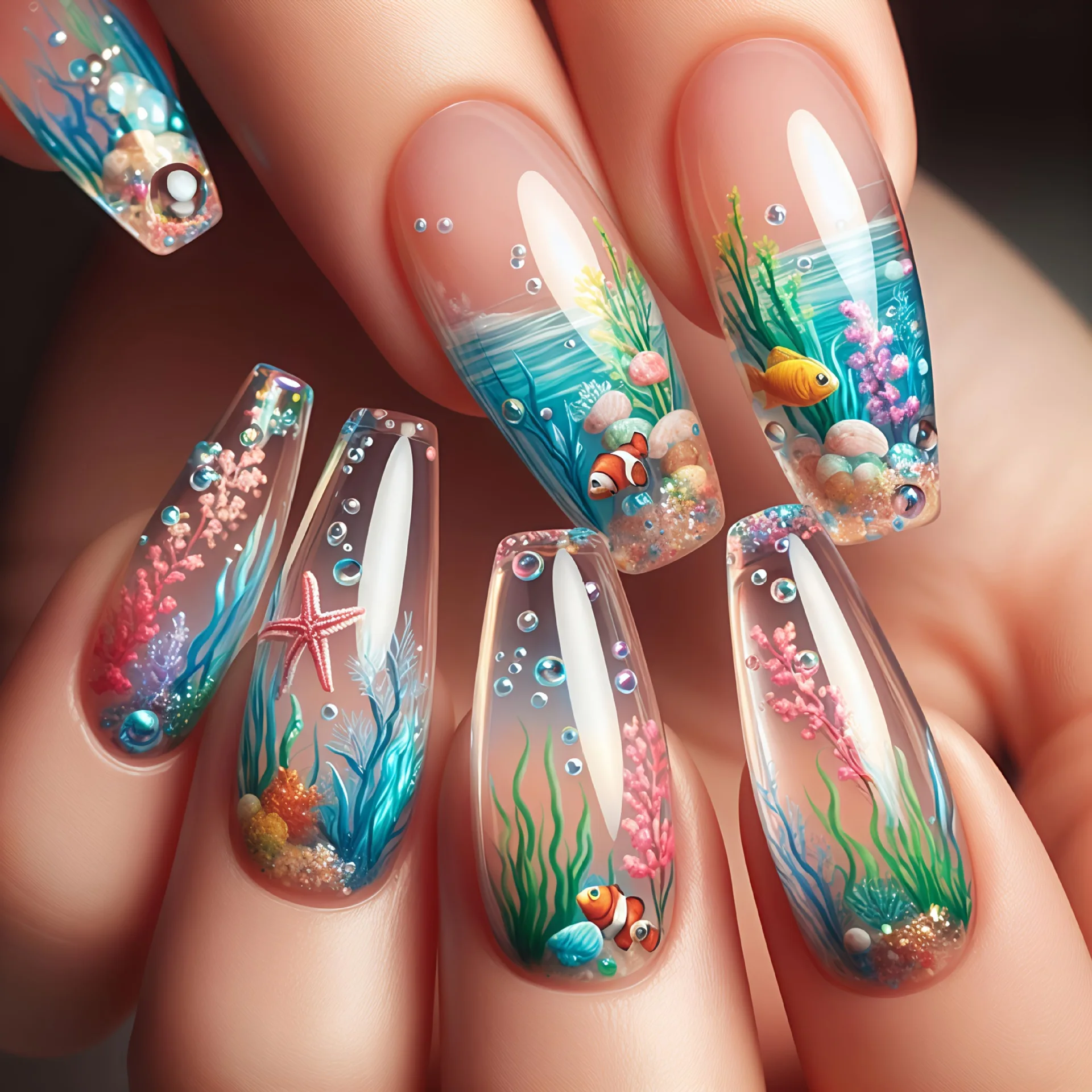 24pcs/set Medium long fake nails for women girls gradient Blue Ocean fish water plans jellyfish flowers press on false nail art Gradient Blue Ocean Press On Nails – 24pcs/set Medium long fake nails for women girls gradient Blue Ocean fish water plans jellyfish flowers press on false nail art