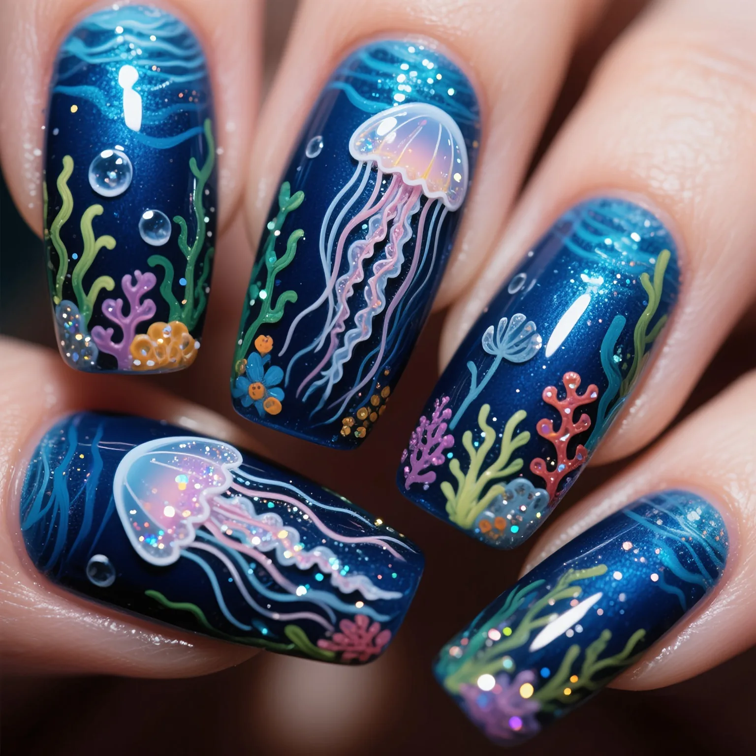 24pcs/set Medium long fake nails for women girls gradient Blue Ocean fish water plans jellyfish flowers press on false nail art Gradient Blue Ocean Press On Nails – 24pcs/set Medium long fake nails for women girls gradient Blue Ocean fish water plans jellyfish flowers press on false nail art