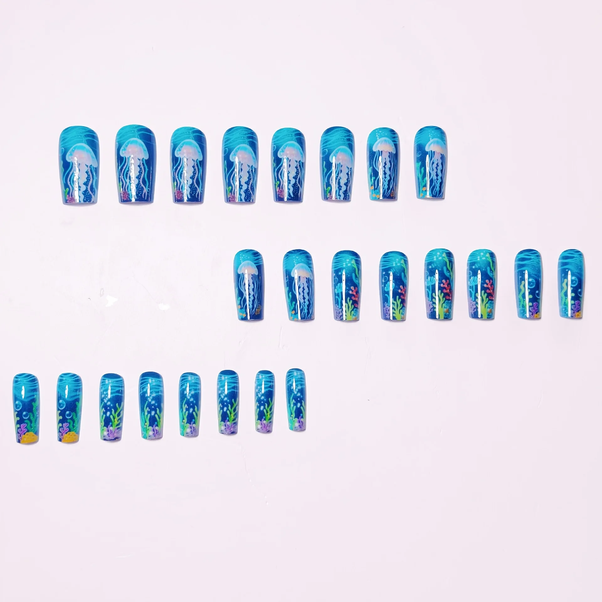 24pcs/set Medium long fake nails for women girls gradient Blue Ocean fish water plans jellyfish flowers press on false nail art Gradient Blue Ocean Press On Nails – 24pcs/set Medium long fake nails for women girls gradient Blue Ocean fish water plans jellyfish flowers press on false nail art