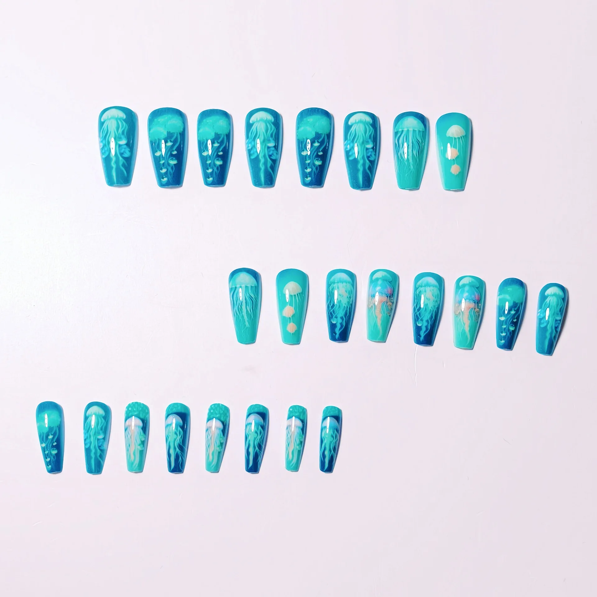24pcs/set Medium long fake nails for women girls gradient Blue Ocean fish water plans jellyfish flowers press on false nail art Gradient Blue Ocean Press On Nails – 24pcs/set Medium long fake nails for women girls gradient Blue Ocean fish water plans jellyfish flowers press on false nail art